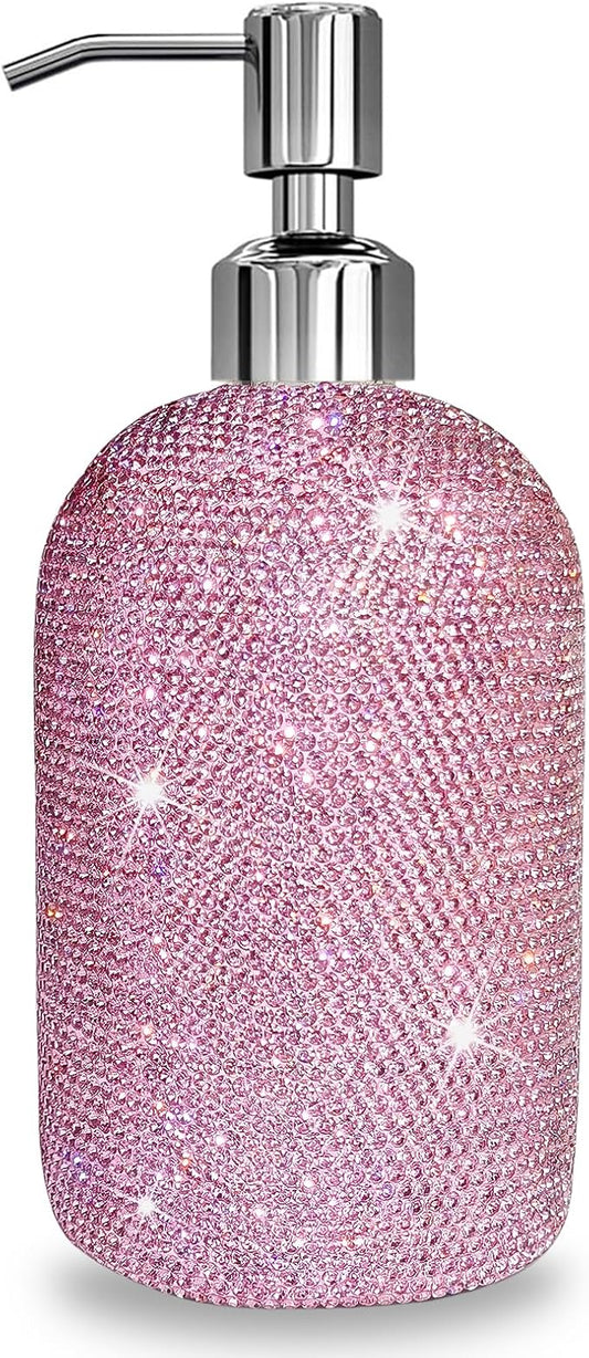 SlowVibes 18Oz Bling Pink Glass Soap Dispenser with Rust Proof Stainless Steel Pump,Refillable Liquid Hand Wash Bottle for Bathroom Kitchen,Sparkle Decorative Rhinestone Shower Lotion Dish Dispenser