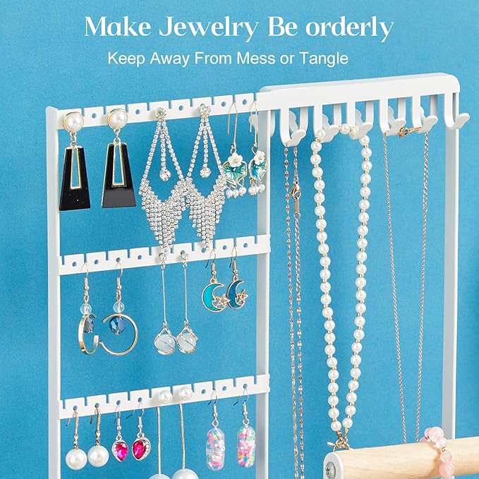 Jewelry Organizer Stand, Jewelry Holder Tree and Storage, Super Large Capacity, 72 Earring Holes, 12 Necklace Hooks, 20 Rings Slot, 2 Bracelet Bars, Assemble Not Required, Size 3.94*9.84*13.78 Inch