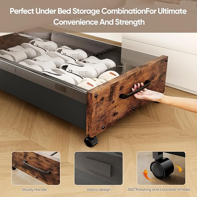 Under Bed Storage Containers with Wheels, Extra Large Wooden Underbed Shoes Organizer 2 Packs, Rolling Under the Bed Storage Drawers with Clear Lid, Heavy Duty Metal Frame for Clothes 36"L (Walnut)