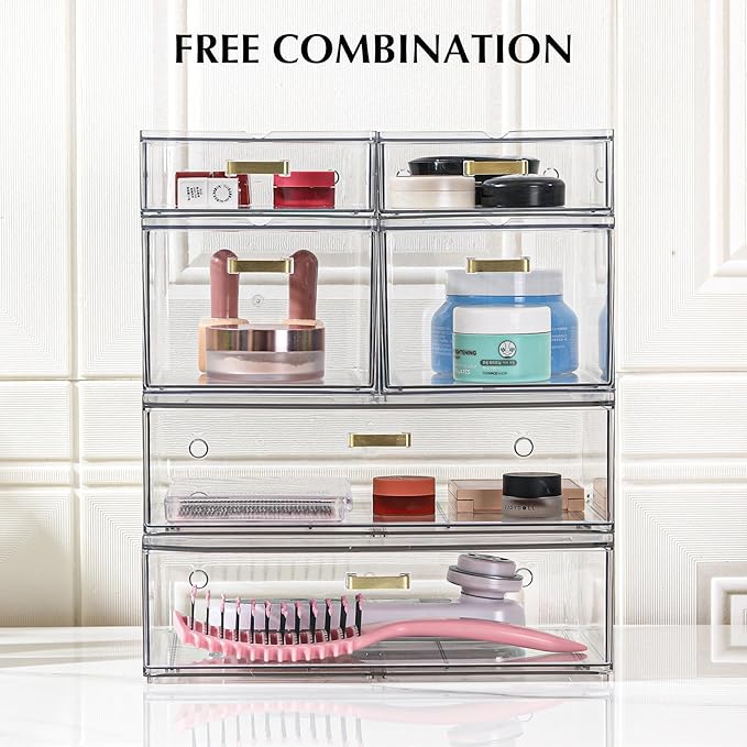 Stackable Storage Drawers, 6 Pack Clear Acrylic Organizer Bins with Golden Handles, Multi-Size Plastic Drawers for Makeup, Vanity, Kitchen, Bathroom, Office, Pantry Organization and Storage