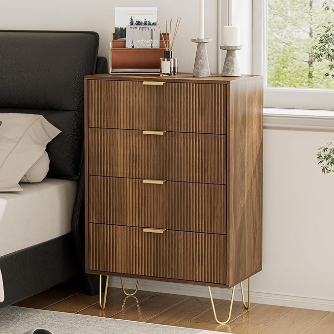 Masupu 4 Drawer Dresser, Drawer Chest, Tall Storage Dresser Chest Cabinet Organizer Unit with Gold Metal Legs, Nightstand for Bedroom, Living Room, Closet, Hallway Walnut Stripe