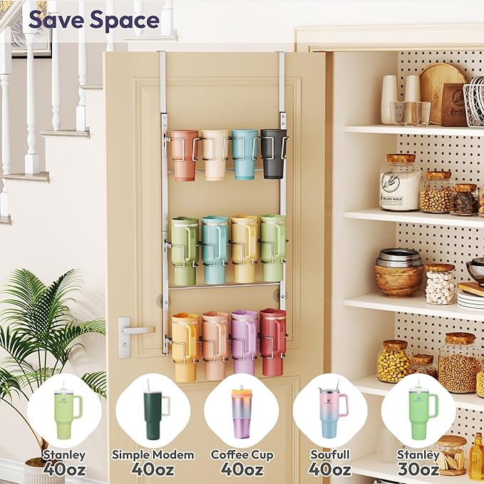 SWTYMIKI 3-Tier Water Bottle Organizer – Over the Door Stanley Cup Holder, Cup Organizer for Door or Wall Mount Option, Stanley Accessories for Pantry, Dorm, Office, RV Use, Silver
