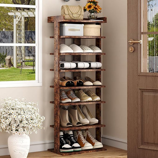 HOMEFORT 7-Tier Wood Shoe Rack, Double Rows Shoe Shelf, Shoe Storage Stand, Entryway Shoe Tower, Vertical Shoe Organizer for Narrow Closet, Entryway, Hallway, Rustic Brown