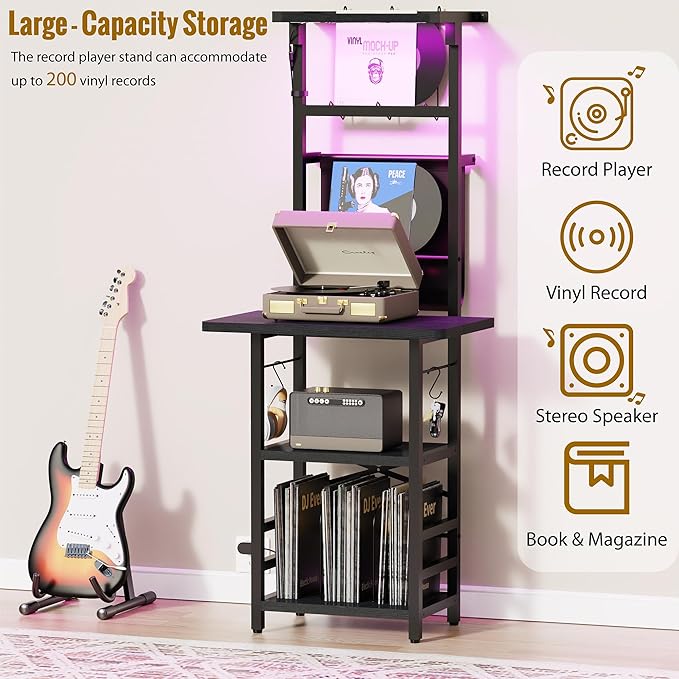 Record Player Stand with Led Light,Record Player Table with Vinyl Storage,Turntable Stand with Record Holder Vinyls Display Shelf for Music Room Studio,Black