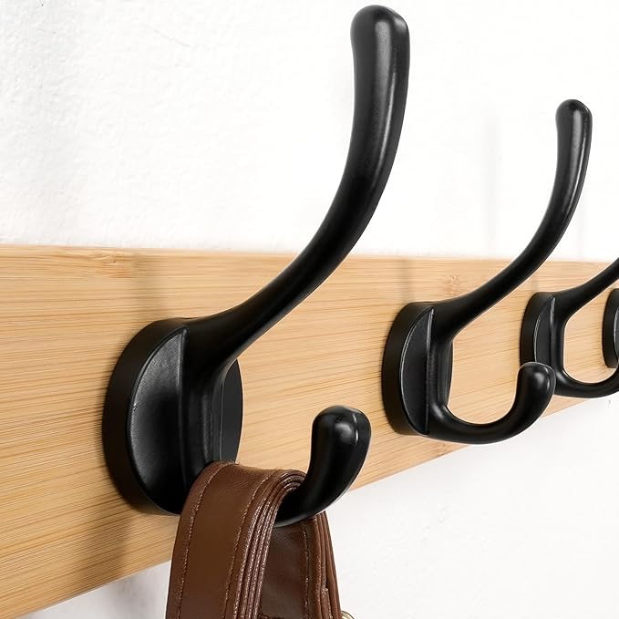 Dseap Wall Mounted Coat Rack: 16" Hole to Hole, Coat Hook Hanger with 5 Metal Hooks for Hanging Coats Towels Hats Clothes, Natural & Black, 2 Packs