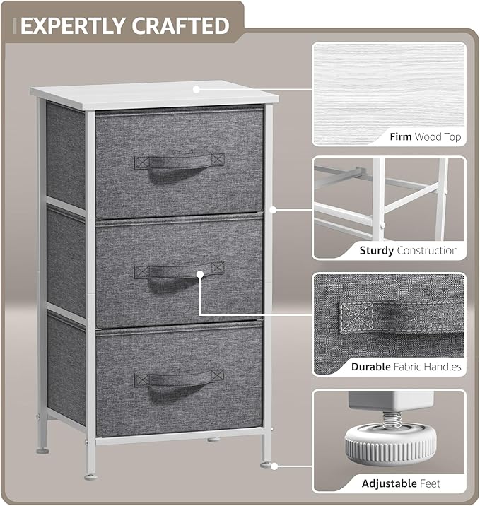 Sorbus Nightstand with 3 Drawers - Bedside Furniture & Night Stand End Table Dresser with Steel Frame, Wood Top, Easy Pull Fabric Bins for Home, Bedroom Accessories, Office & Dorm