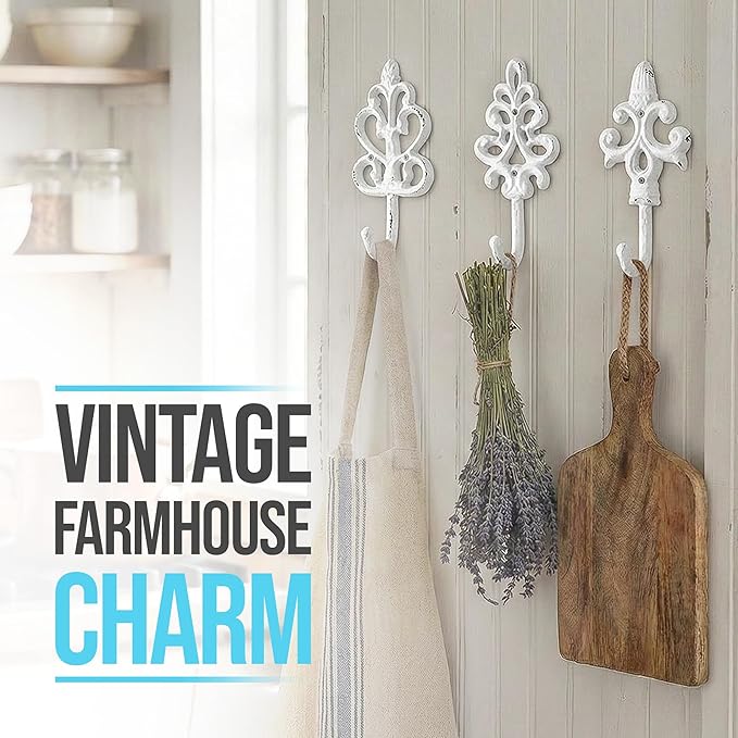 Comfify Shabby Chic Decorative Wall Hooks - Set of 3 - Cast Iron French Country Wall Decor - Farmhouse Hangers for Coats, Purses and More - Pure White