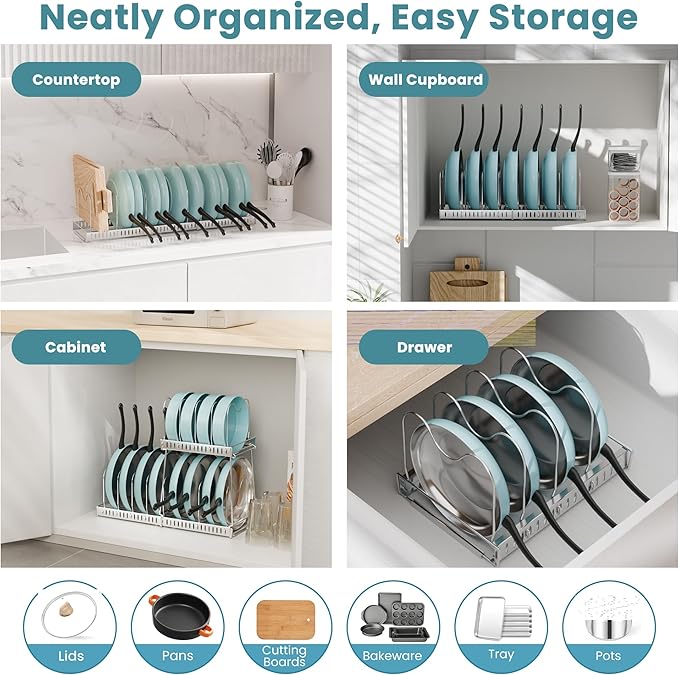 3-Pack Pots and Pans Organizer for Under Cabinet, 2Tier 14 Dividers 3 DIY Method Expandable Easy Install, Kitchen Pot Pan Lid Rack Storage Holder Organizers Inside Cabinet, White