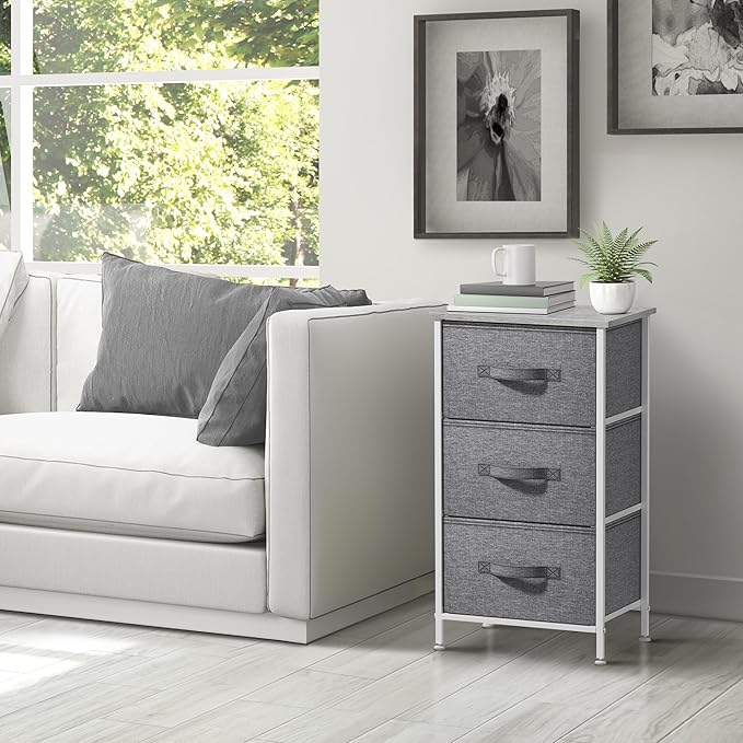 Sorbus Nightstand with 3 Drawers - Bedside Furniture & Night Stand End Table Dresser with Steel Frame, Wood Top, Easy Pull Fabric Bins for Home, Bedroom Accessories, Office & Dorm