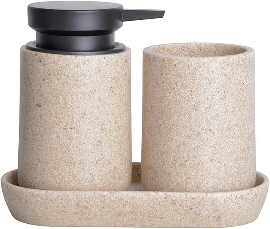 3 Pcs Bathroom Accessories Set, Liquid Soap Dispenser with Large Pump, Toothbrush Holder Cup and Soap Dish, Sandstone Texture Bathroom Counter Set for Modern Home (Beige)