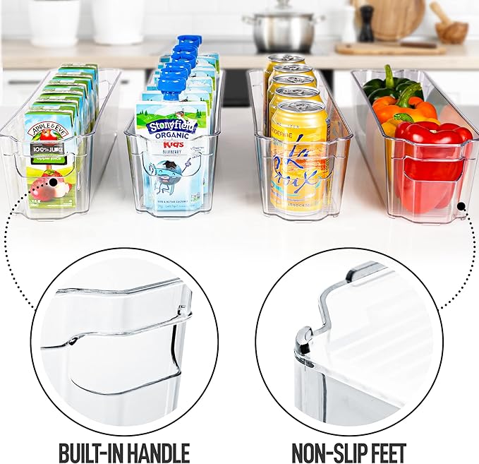 Zulay 4 Pack Clear Refrigerator Organizer Bins - Narrow Fridge Organizers and Storage Clear - Ideal Freezer Organizer Bins, Refrigerator Storage Containers, Kitchen Cabinets, Pantry Organization