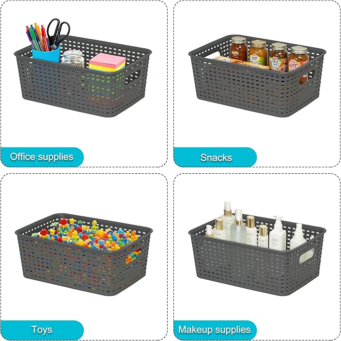 Soddeph 6 Pack Plastic Storage Baskets with Handles,Stackable Organizer Bins for Closet, Bathroom, Kitchen, Office, Shelf and Cabinet Organization (Gray, Grid-6PACK)