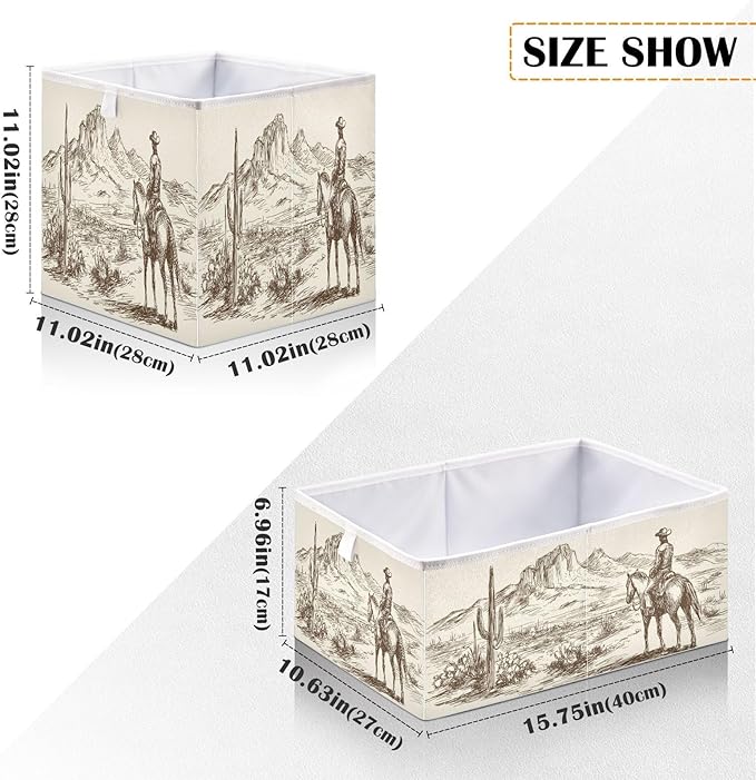 Blueangle Western Desert Cowboy Rectangle Storage Bin, 15.8 x 10.6 x 7 in, Large Collapsible Organizer Storage Basket for Home Décor