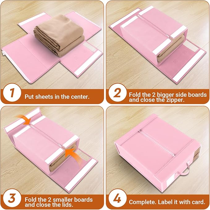 6 Pack Bed Sheet Closet Organizers and Storage,Sturdy Foldable Storage Containers with Window and Label,Storage and Organization for Bedding Sheets,Duvet Covers,Blankets (Pink)