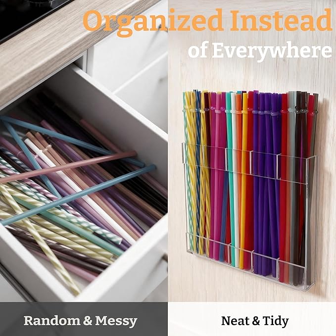9.5” Large Acrylic Straw Holder for Cabinet Door with Detachable Ultra Sticky Adhesive Squares and Stickers, 2026 Reusable Straws Organizer Storage Dispenser for Kitchen Counter Cupboard