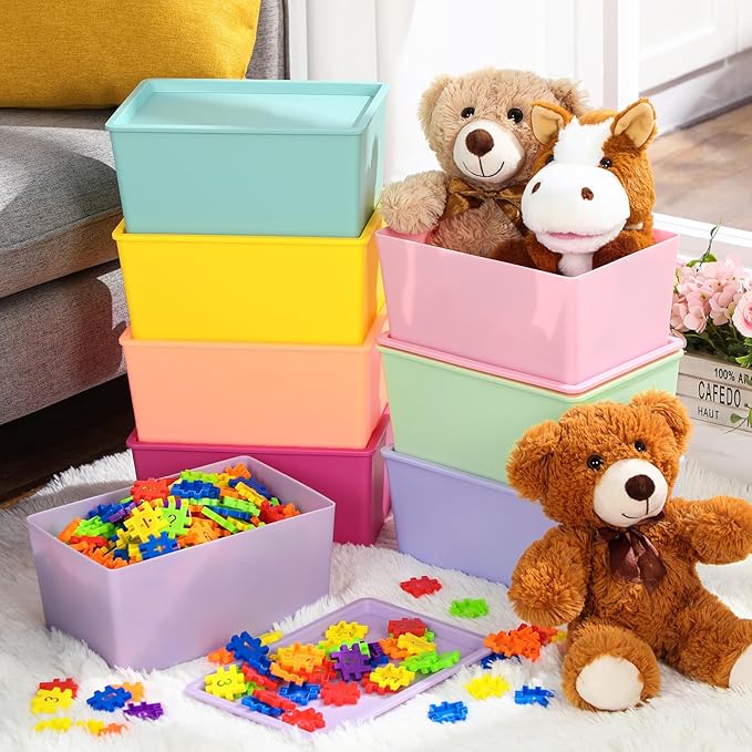 Menkxi 8 Pcs Storage Bins with Lids Small Plastic Storage Containers Stackable Storing Baskets Box Cute Organizer Bins for Organizing Shelves (Mixed Color)