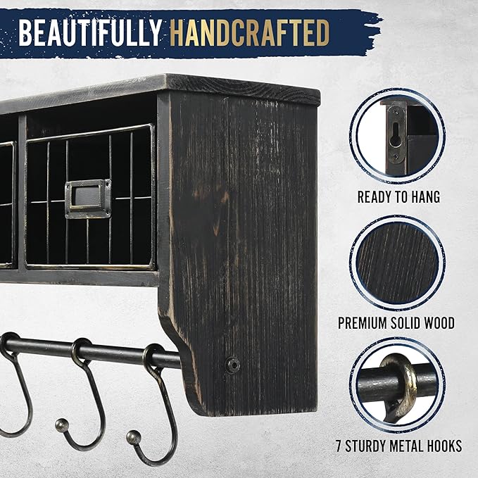 HBCY Creations Wall Mounted Shelf with Coat Hooks and Baskets, Solid Wood Entryway Organizer Wall Shelf with Hooks - Hang Coats, Keys or Coffee Mugs, Rustic Blackwash 24" Wide