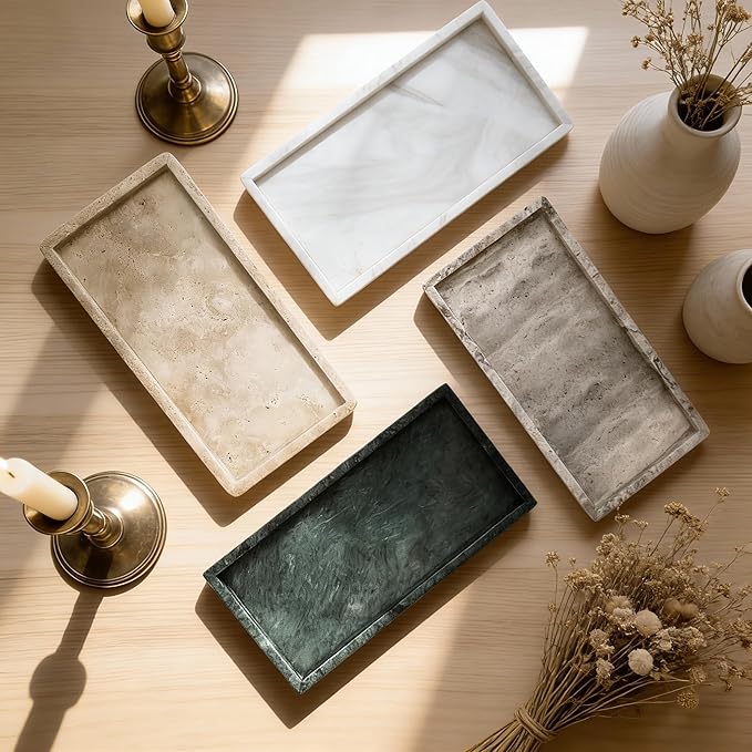 Natural Travertine Marble Vanity Bathroom Tray, 12 x 6 Inch Elegant Home Decor Tray for Kitchen,Bathroom,Dresser, Coffee Table,Sink Storage Holder Organizer, Gray Travertine (NS052)