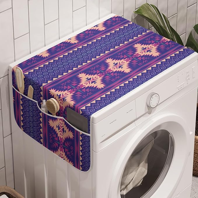 Ambesonne Aztec Washing Machine Organizer Pack of 2, Modern Inspire Print of Mexican Civilization in Energetic Colors, Anti-Slip Cover for Washers Dryers, 47" x 18.5", Fuchsia Peach