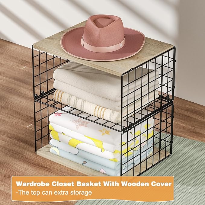 Extra-Long, Low-Profile Closet Organizers and Storage with Wood Top, 4 Tier Stackable Closet Shelf Organizer, Space-Saving Clothes Storage Bin for Wardrobe & Small Spaces, Sturdy(2 Pack Black)