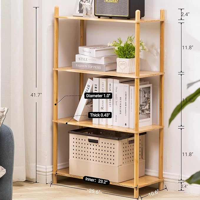 4-Tier Expandable Freestanding Open Bamboo Book Shelf - No-Tool Assembly & Modular,Bathroom Storage Shelf Unit Plant Stand for Small Space, Bedroom, Living Room, Home Office