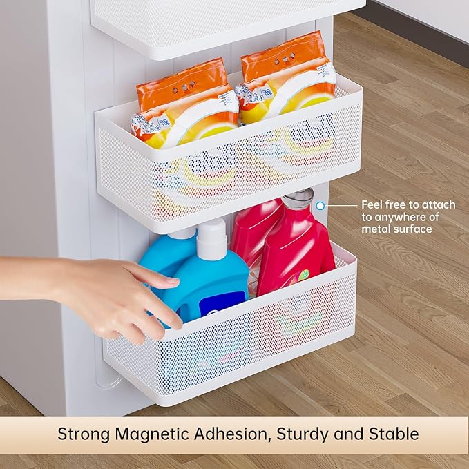 Magnetic Shelf for Washing Machine Laundry Room Magnetic Organizer Laundry Shelf Organizer Washing Machine Shelf Hanging Basket Storage Magnetic Fridge Shelves (White, L11in*W4.9in*H3.9in)
