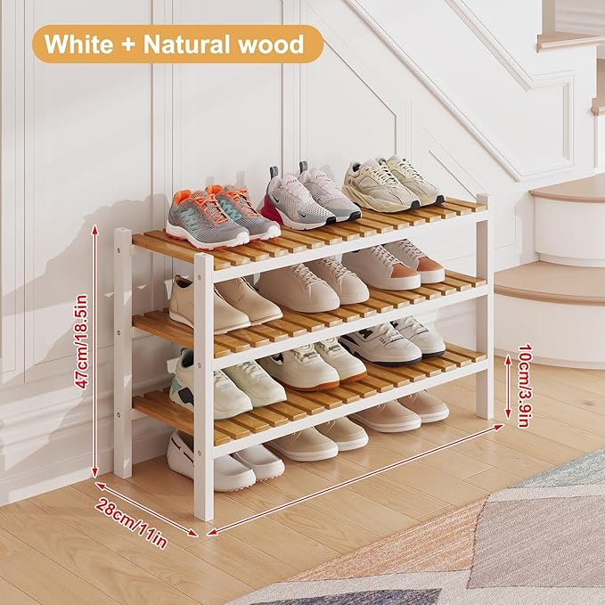 Bamboo Shoe Rack Organizer for Closet and Entryway-Space-Saving Narrow Shoe Stand-Versatile Shoe Holder for Door or Closet Shelf,Garage Bedroom can Freely Stack DIY Small Shoe Racks 3 Tier Mixed color