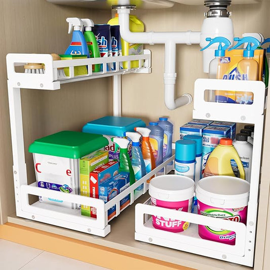 Under Sink Organizer 2 Pack, Metal Large Capacity 2-Tier Sliding Cabinet Storage Rack, Heavy-Duty Rust-Resistant Steel Frame, Holds 50 lbs Each, Adjustable Height 12–16", 14"D x 11"W for Home, White