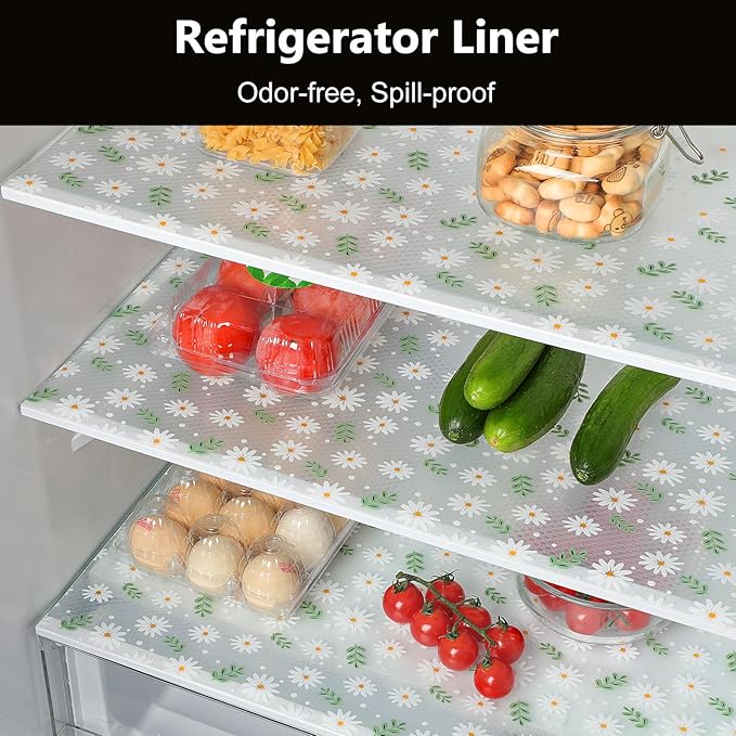 INNOLITES Shelf Liner for Cabinets, Non-Adhesive for Kitchen Drawer Liner, Waterproof Shelf Paper with Floral Pattern, Durable Easy to Clean (Green Daisy, 11.8" x 120")