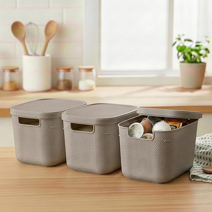 BINO | Plastic Storage Bins with Lids, 5.5 Liter - 3 Pack, Taupe | THE TWILL COLLECTION | Plastic Bins for Organization | Woven Storage Baskets for Organizing | Pantry Shelf Organizer Basket Bin
