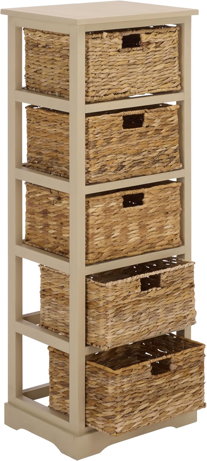 SAFAVIEH Home Collection â Vedette Sand 5-Basket Storage Tower, Natural Rattan Accent Design, Fully Assembled (AMH5739G)