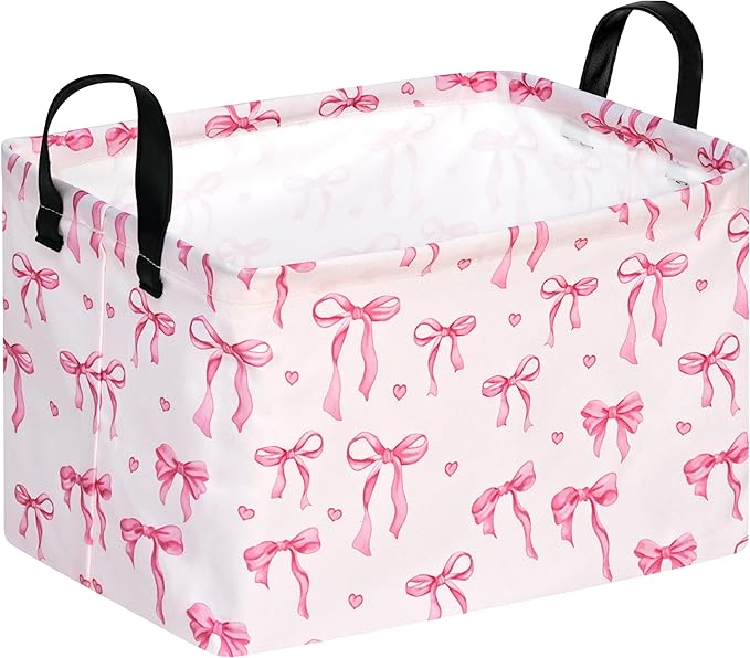 Pink Bowknot Girls Gifts Storage Box Clothes Hamper Basket Collapsible Organizer Bin Toys Shelf Baskets for Home Bedroom Decor