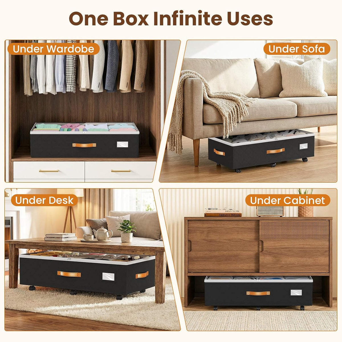 Budding Joy 80L 2 Pack Adjustable Under Bed Storage with Wheels Underbed containers with clear lids, rolling under bed shoe storage organizer for dorm home clothes, blankets, toys, black