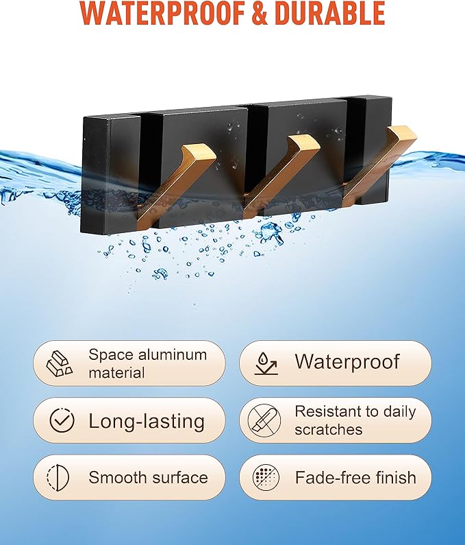 Black Gold Waterproof Wall Hooks - 2 Pack, Foldable Towel Hooks for Bathrooms, Coat Hooks Wall Mounted - Versatile Hooks for Bathroom, Kitchen, Balcony Décor