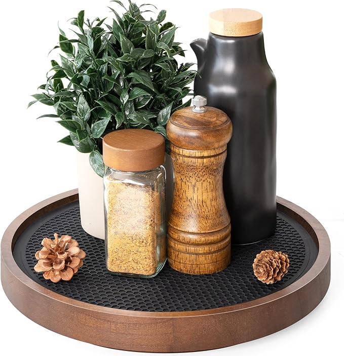 EOSAHR Non-Skid Wooden Lazy Susan for Table Top â Farmhouse 10.5" Bathroom Tray, Spice Rack and Vanity Tray - Stylish Bathroom Counter Organizer with Rubber Mat (Brown)