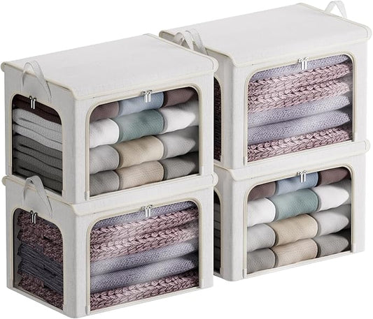 4 Pack Clothes Storage Bins with Metal Frame - 66L Stackable Storage Box with Lid，Foldable Storage Container Organizer for Clothes，Linen Fabric Storage Box with Clear Window＆Zippers＆Handles