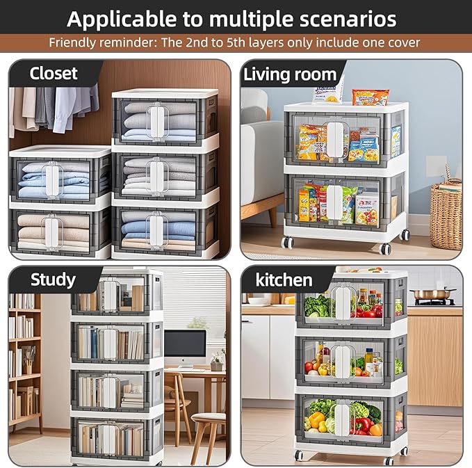 Folding Storage Organizer with Silent casters | Stackable Design for Home & Office, Heavy-Duty Plastic Storage Bin with Clear Door, 3 Sizes (19.5/23.5/27.5in),Black/White (27.6" 1 layer, White)