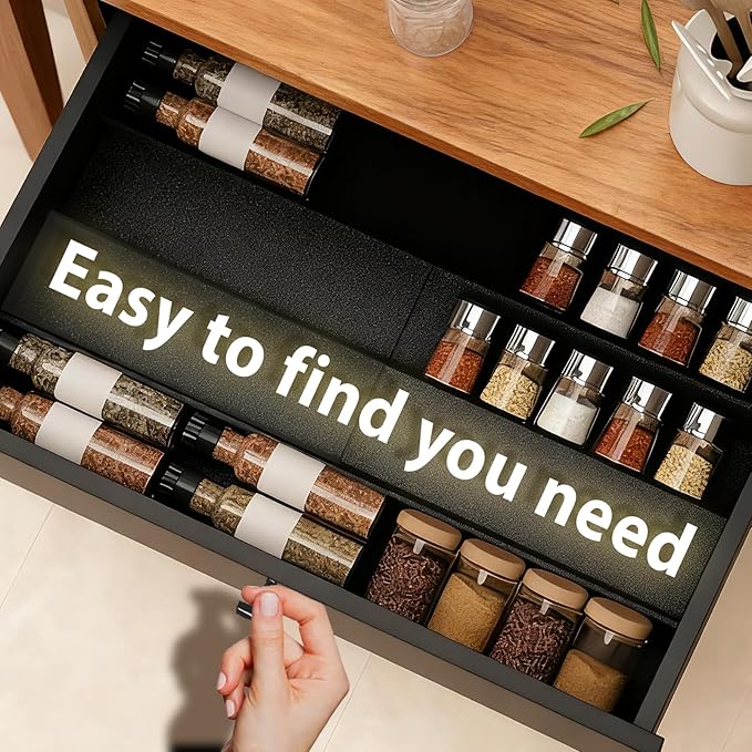 Spice Drawer Organizer, 4 Tier- 6 Pack Drawer Seasoning Organizers, Kitchen Spice Rack Tray Expandable From 12" to 24", Black Spice Rack Insert for Cabinet Countertop(Jars Not Included)