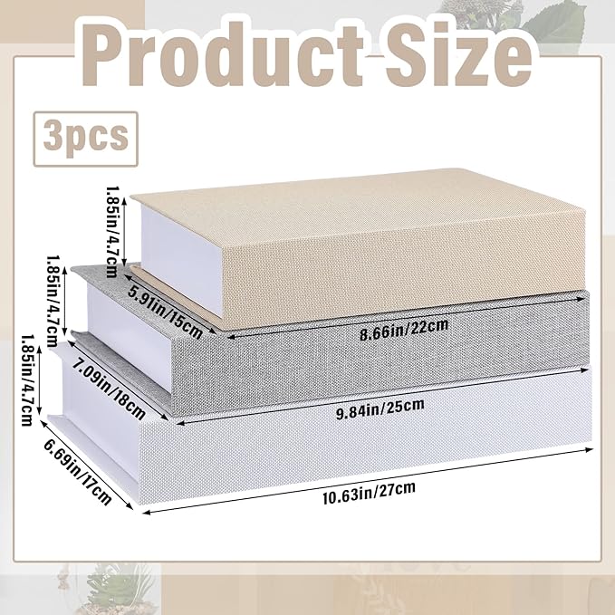 Tioncy 3 Pcs Fake Book Box Neutral Linen Book Box Decorative Faux Prop Storage for Farmhouse Home Decor shelf Table Card Photo DIY Keepsake Gift(Multi Sizes,Rice White, Light Grey and White)