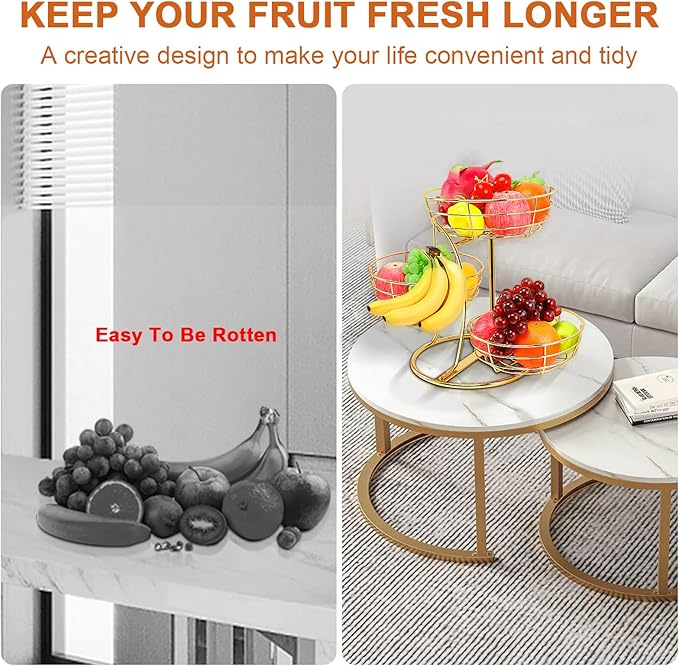 Livabber Fruit Basket Bowl with Banana Hanger, Fruit Vegetable Storage Basket with Banana Tree Holder for Kitchen Counter, Detachable Organizer for Bread Snack Produce (Gold, 3-Tier Metal Base)