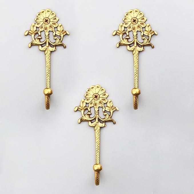 Indian Shelf 3-Packs Handmade Brass Heavy Duty Decorative Vintage Key Holder, Key Wall Hooks for Hanging Coats, Jackets, Leash, Hat, Towel, Backpack, Purse, Handbag for Hallway Décor (Golden)