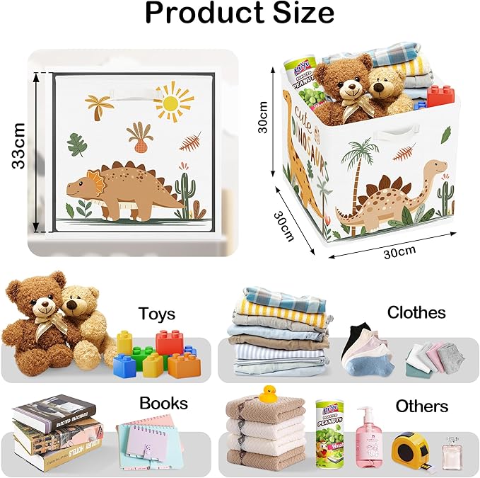 11.8" Boho Dinosaurs Cube Storage Organizer Set 3Pcs Palms Eggs Cube Storage Bin for Bathroom/Bedroom Kid Book Toy Chest, Cacti