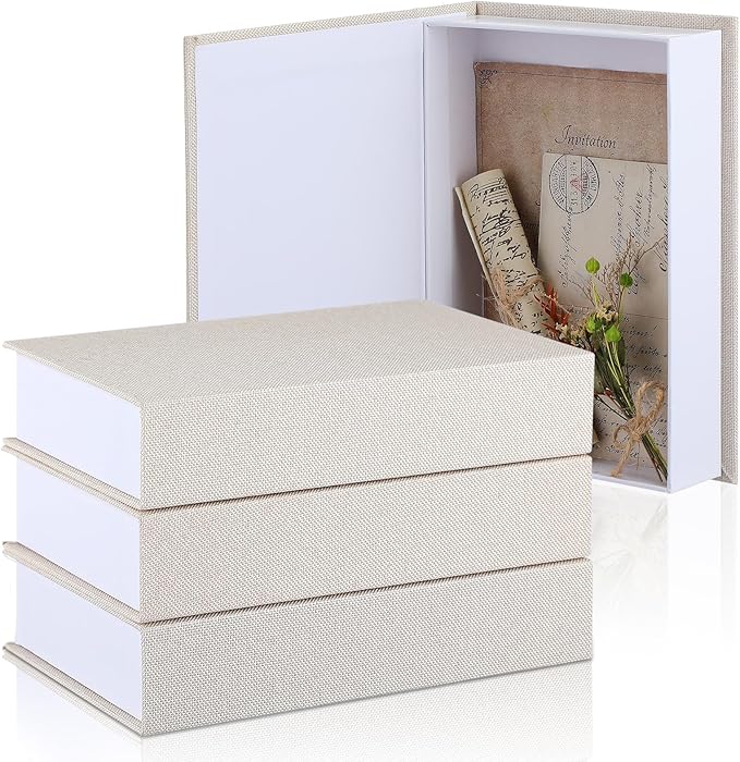 Tioncy 3 Pcs Fake Book Box Neutral Linen Book Box Decorative Faux Prop Storage for Farmhouse Home Decor shelf Table Card Photo DIY Keepsake Gift(8.6 x 6.1 x 1.8 Inch,Creamy White)