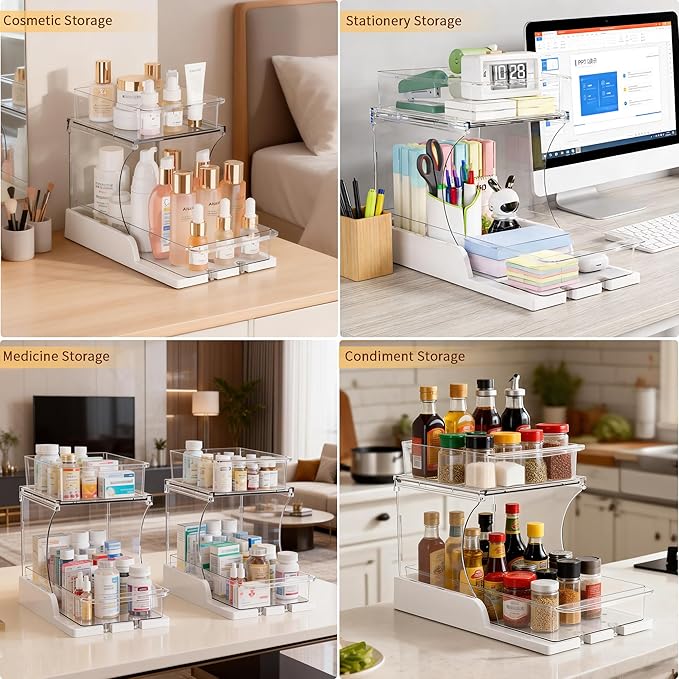 Attelite 2 Tier Pull Out Cabinet Organizer with 180° Rotating & Foldable Design, 2 Pack Sliding Drawers for Kitchen & Bathroom Storage, Fits Under Sink, Pantry, Cabinet