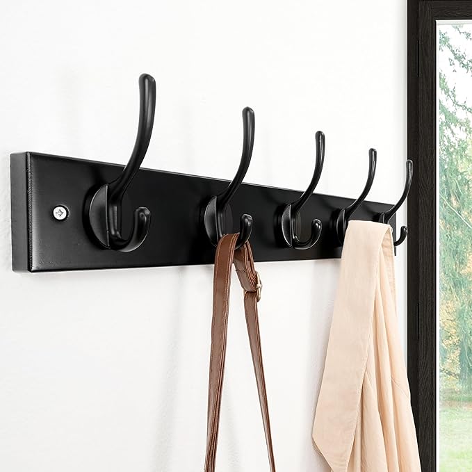 Dseap Wall Mounted Coat Rack: 16" Hole to Hole, Coat Hook Hanger with 5 Metal Hooks for Hanging Coats Towels Hats Clothes, Black, 2 Packs