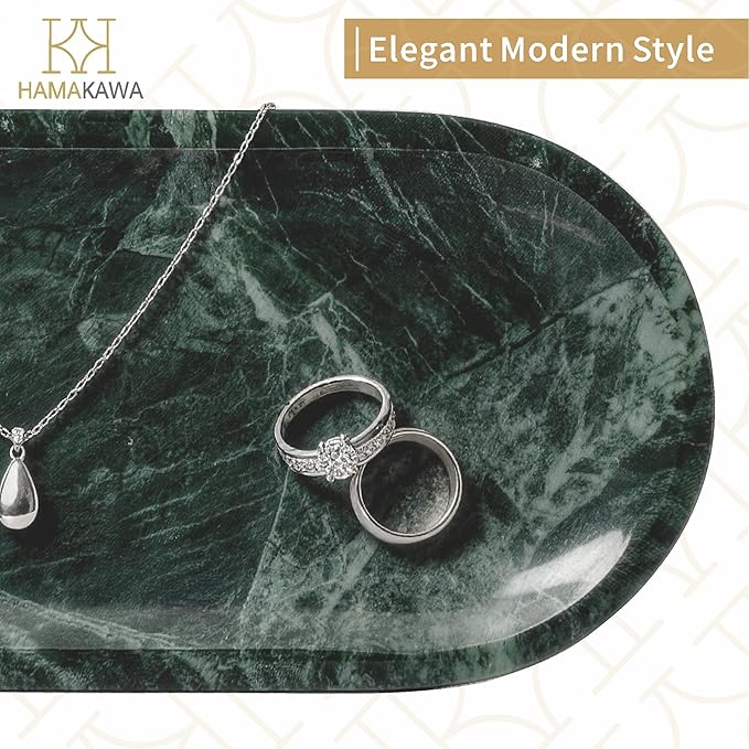 Bathroom Vanity Tray, Natural Marble Oval Tray 10 inch, Emerald Green Marble Vanity Tray for Soap Dispenser Modern Countertop Organizer for Kitchen Countertops, Home Decor