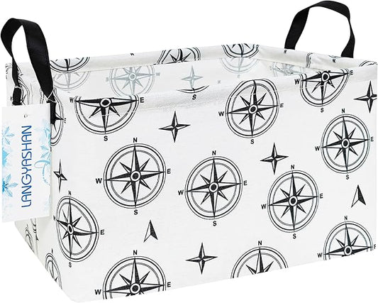 LANGYASHAN Rectangular Storage Bin Collapse Canvas Fabric Cartoon Storage Basket with Handles for Organizing Home Kitchen Boys and Girls Toys Office Closet Shelf Baskets (Rec Black Compass)
