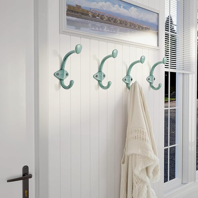 Dseap Cast Iron Wall Hooks L=5”, Heavy Duty Coat Hooks, Rustic Vintage Farmhouse Hook for Hanging Winter Coats Jackets Towels Hats Bags Plants, Mint Green, Pack of 5 (ShieldBold)