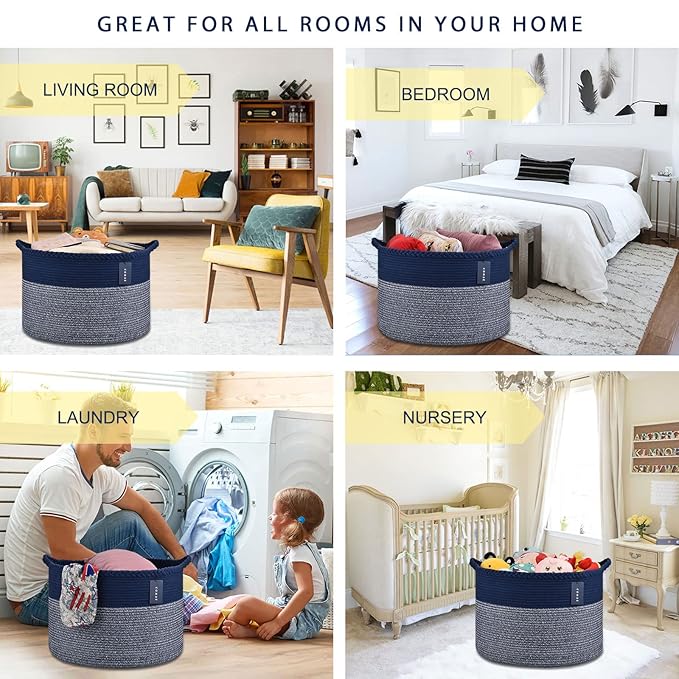 COMSE Extra Large Blanket Basket, Woven Laundry Basket, 21.7âx 13.8â, Nursery Hamper, Cotton Rope Laundry Hamper Living Room for Storage Toys Clothes Towels (Navy Blue)