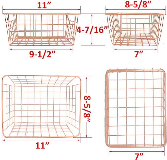 Metal Wire Storage Basket with Handles for Kitchen Food Pantry Papers Home Office Desk Bathroom Laundry Room Bedroom Bed Room Organizer, Rose Gold